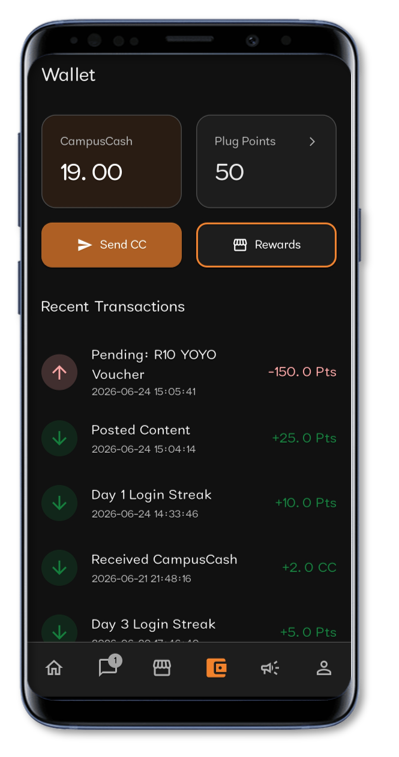 The Campus Plug wallet, showing a CampusCash balance